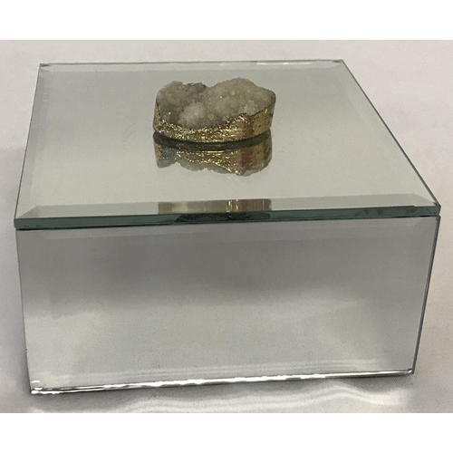 1041 - A modern mirrored jewellery box with drusy stone set as lid handle. Black velvet lined interior with... 