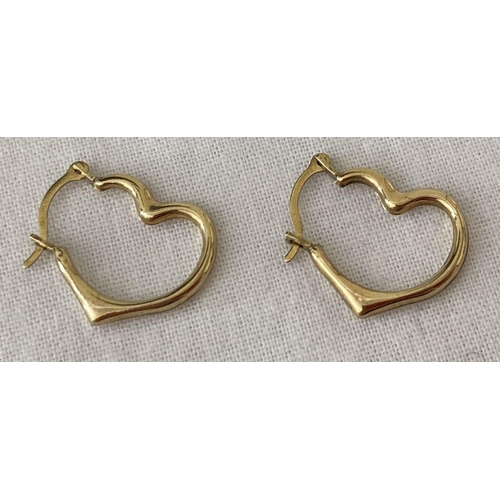 1048 - A pair of 9ct gold heart shaped hoop style earrings. Posts marked 375.