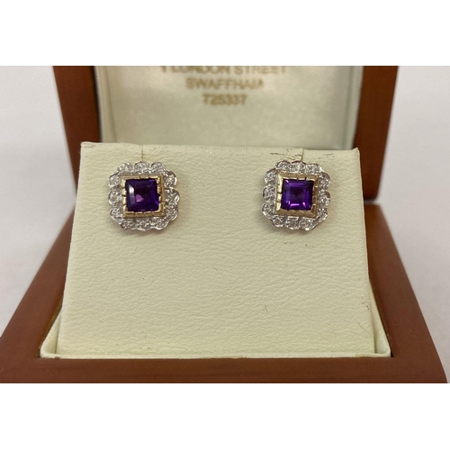 1094 - A pair of 9ct gold amethyst and diamond stud earrings by Luke Stockley. Square cut amethysts surroun... 