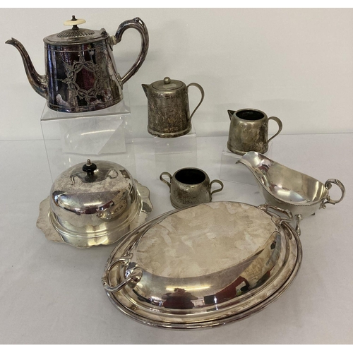 1151 - A collection of silver plated items to include Elkington muffin dish and Walker & Hall sauce boat.