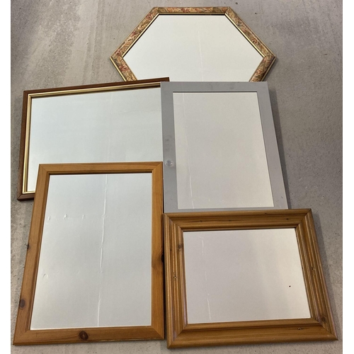 1625 - 5 framed wall hanging mirrors to include a hexagon shaped with floral decoration to frame.  Largest ... 