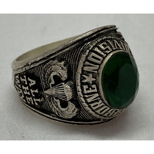 62 - A Vietnam War style US Special Forces ring set with green coloured stone.  Ring size W.