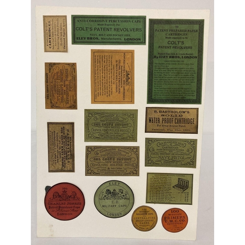 91 - A card depicting 15 vintage percussion cap labels and early cartridge carton and tin labels.  Card a... 