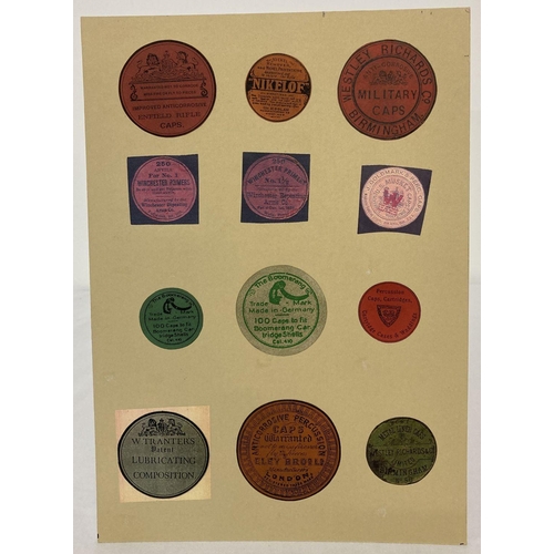 94 - A card depicting 12 vintage percussion cap labels.  Card approx. 30 x 21cm.