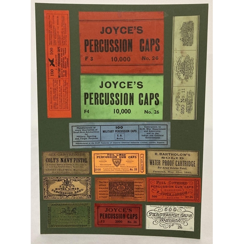 95 - A card depicting 14 vintage percussion cap labels and early cartridge box labels.  Card approx. 30 x... 