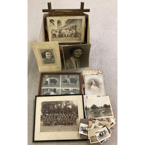 329 - A box of framed and glazed and loose vintage photographs of family portraits, military and animals. ... 