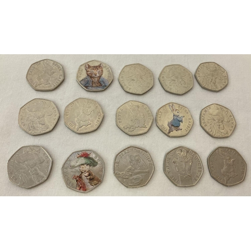 5 - A collection of 15 Beatrix potter 50p coins. 3 have coloured decals to characters. Comprising: 6 x B... 