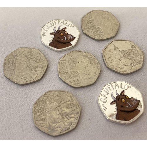 6 - 5 Paddington Bear issue 50p Coins and 2 uncirculated 2019 Gruffalo 50p coins with coloured decals. P... 