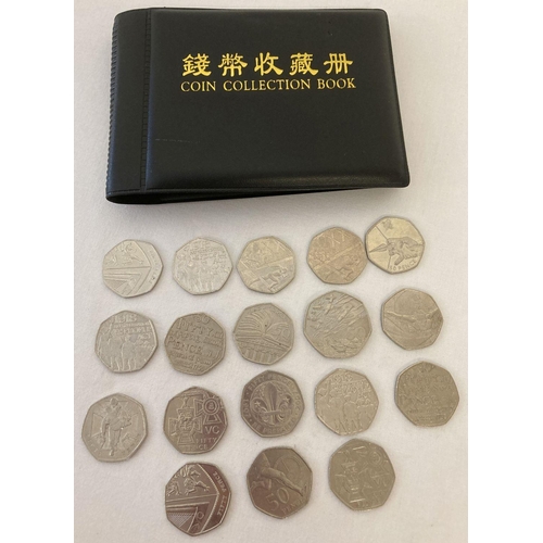 8 - 18 collectable commemorative 50p coins dating from 1994 - 2019 with coin collectors stock book. Comp... 