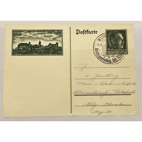 175 - A pre WWII style postcard with Nuremburg postmark and Hitler stamp mark.  Approx. 10.5 x 15 cm.