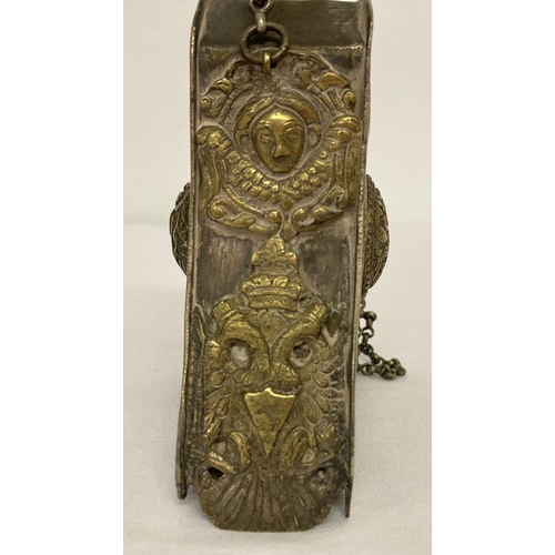 196 - A Russian mixed metal gunpowder flask with highly decorated panels and carrying chain.   Approx. 15 ... 