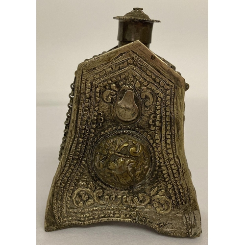 196 - A Russian mixed metal gunpowder flask with highly decorated panels and carrying chain.   Approx. 15 ... 