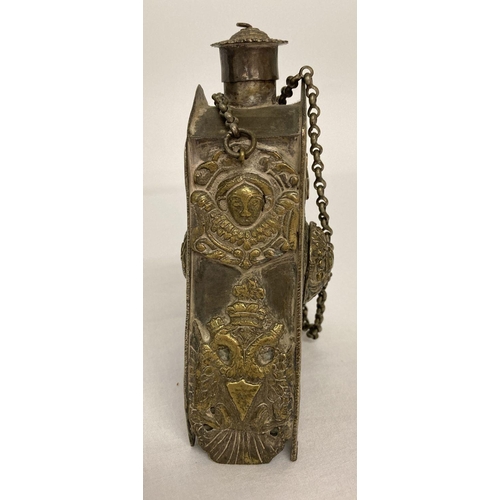 196 - A Russian mixed metal gunpowder flask with highly decorated panels and carrying chain.   Approx. 15 ... 