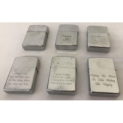 223 - 6 Vietnam War style windproof lighters with engraved detail to front and back.  Engravings to includ... 