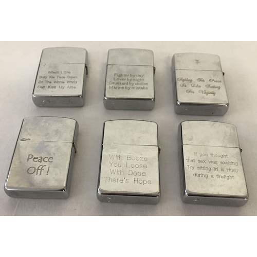 242 - 6 Vietnam War style windproof lighters with engraved detail to front and back.  Engravings to includ... 