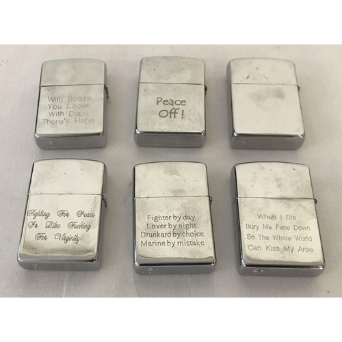 244 - 6 Vietnam War style windproof lighters with engraved detail to front and back.  Engravings to includ... 