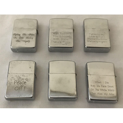 259 - 6 Vietnam War style windproof lighters with engraved detail to front and back.  Engravings to includ... 