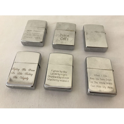 272 - 6 Vietnam War style windproof lighters with engraved detail to front and back.  Engravings to includ... 