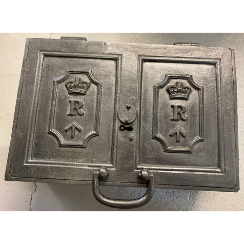 279 - A Victorian cast iron 2 handled revenue strong box.  Crown over 'R' and broad arrow or 