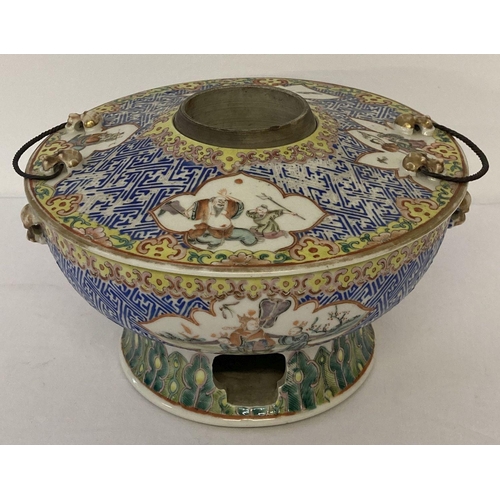 419 - An antique hand painted ceramic wine warmer.  Lift off lid with 2 metal loop handles and decorated w... 