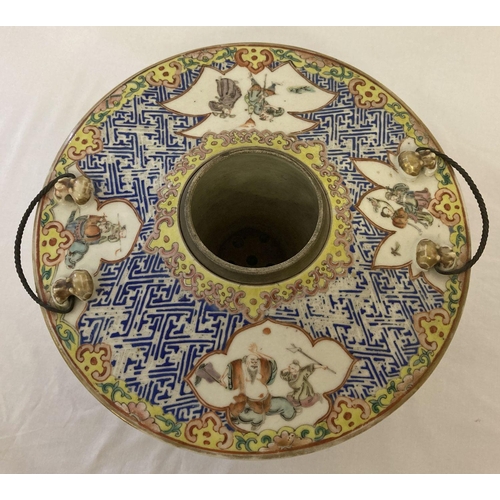 419 - An antique hand painted ceramic wine warmer.  Lift off lid with 2 metal loop handles and decorated w... 