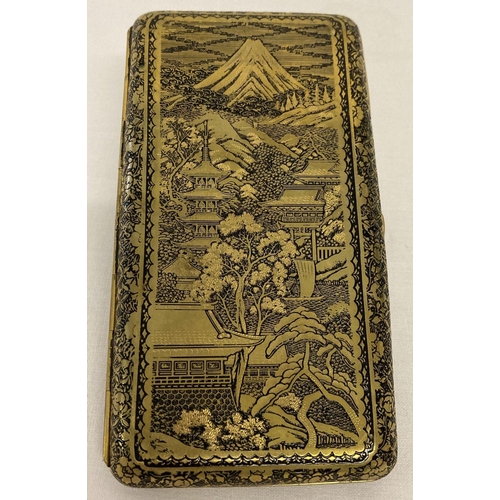 420 - An Art Deco Japanese damascene cigarette case with engraved detail to both sides.  Depicting a mount... 