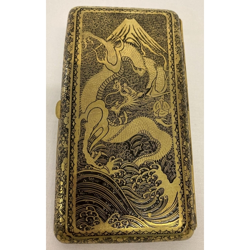 420 - An Art Deco Japanese damascene cigarette case with engraved detail to both sides.  Depicting a mount... 