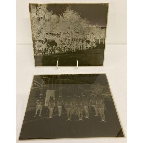 424 - 2 Victorian/Edwardian large glass plate negatives featuring soldiers & the Fire Service in Surbiton.... 