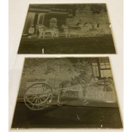 430 - 2 Victorian large glass plate negatives showing horse drawn carriages.  One featuring a pony and tra... 