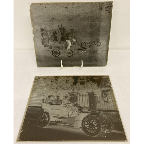 432 - 2 large sized Victorian glass plate negatives featuring vehicles.  One showing a motor car with its ... 