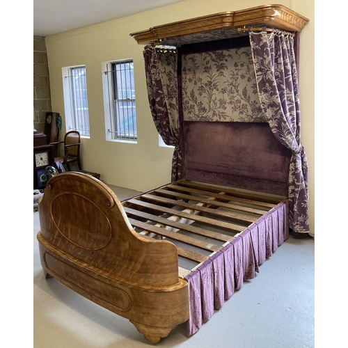 448 - A Victorian Walnut half tester King size bed with curved footboard and canopy.  Recently upholstered... 