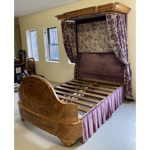 448 - A Victorian Walnut half tester King size bed with curved footboard and canopy.  Recently upholstered... 