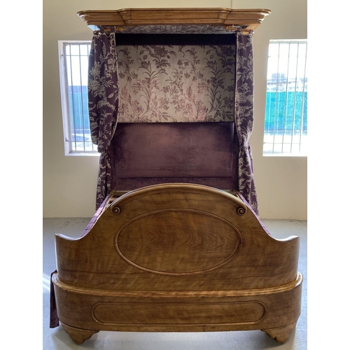 448 - A Victorian Walnut half tester King size bed with curved footboard and canopy.  Recently upholstered... 