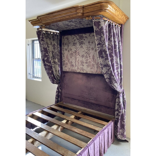 448 - A Victorian Walnut half tester King size bed with curved footboard and canopy.  Recently upholstered... 