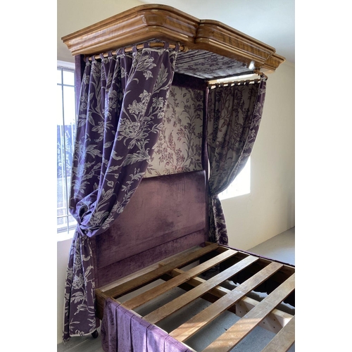 448 - A Victorian Walnut half tester King size bed with curved footboard and canopy.  Recently upholstered... 