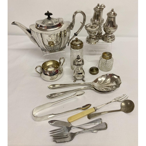 1027 - A quantity of assorted silver plated items to include 3 piece cruet on stand.  Together with an anti... 