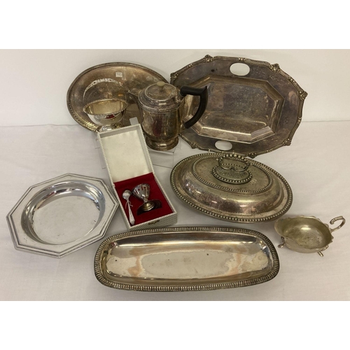 1030 - A box of assorted vintage silver plated items.  To include: lidded tureen, serving trays, wooden han... 