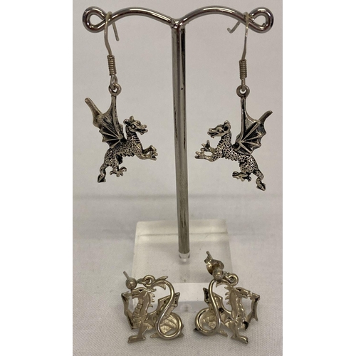 1068 - 2 pairs of silver drop style earrings in the shape of dragons.  One pair marked 925 the others marke... 