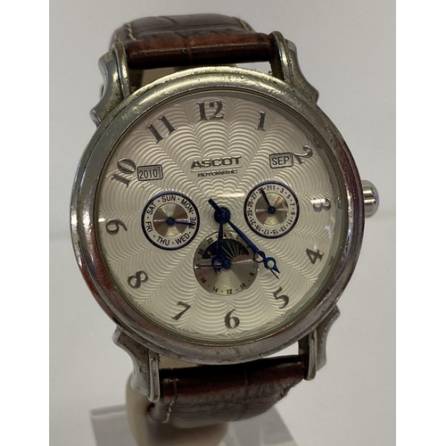 1119 - A men's chronograph automatic wrist watch by Ascot. White engine turned face with blue steel hands. ... 