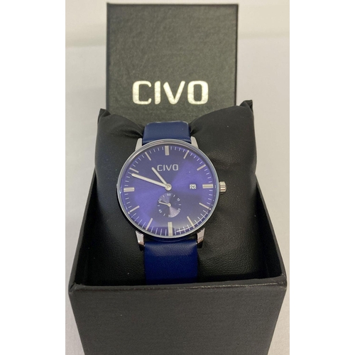 1129 - A boxed men's wrist watch by Civo. Blue dial with date function and seconds complication.  Stainless... 