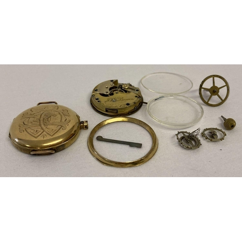 1133 - An antique 18ct gold pocket watch case with watch parts.  Case has engraved initials BH to back. Wor... 