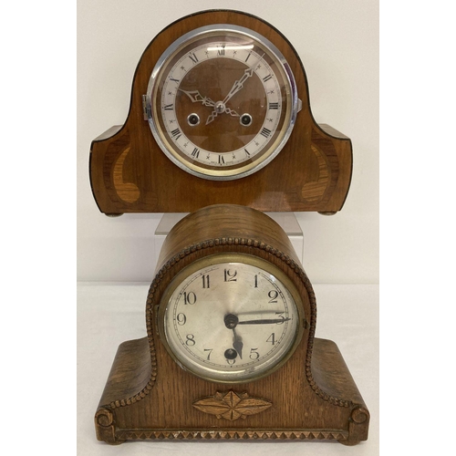 1140 - 2 vintage wooden mantle clocks, one with carved detail the other with inlay decoration.  Both comple... 