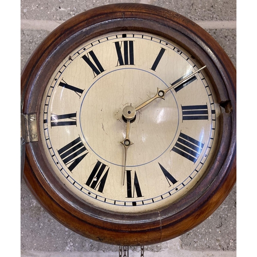 1146 - A late 19th century postman's alarm wall clock with chain driven movement.  Mahogany cased dial with... 