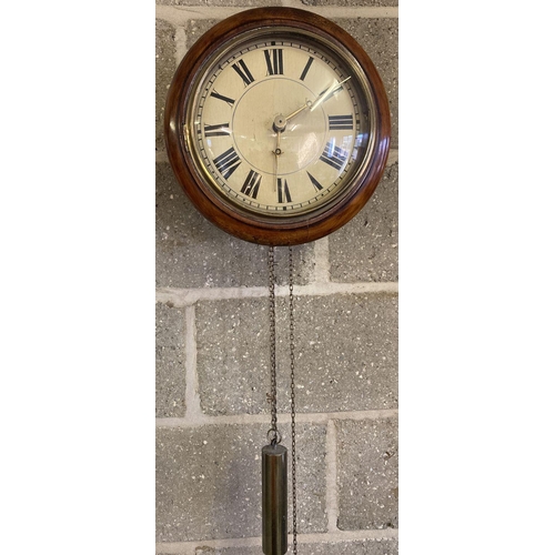 1146 - A late 19th century postman's alarm wall clock with chain driven movement.  Mahogany cased dial with... 