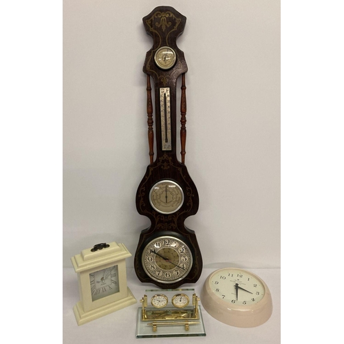 A collection of vintage & modern clocks. A glass Seiko clock/barometer desk  tidy with pen. Together