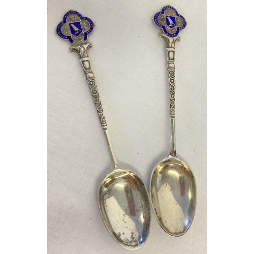 1177 - 2 Norfolk Motor Cycle & Light Car Club silver spoons with blue enamel and canary detail.  Both hallm... 