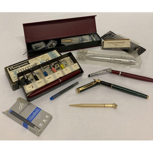 1185 - A collection of fountain pens together with a Mordan Everpoint gold filled propelling pencil 307227.... 