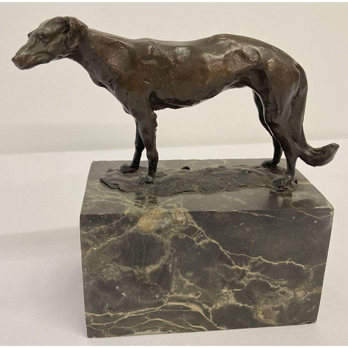 1191 - A signed bronze figure of a greyhound dog mounted on a rectangular marble base.   Approx. 15cm tall ... 