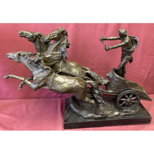 1193 - A large marble based bronze figurine of a Chariot racer and 3 rearing horses.  Signature to base.  A... 