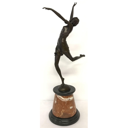 1196 - A large Art Deco style bronze figurine of a dancing girl mounted on circular marble plinth.  Signatu... 